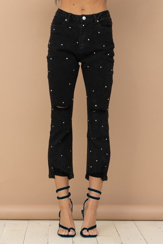 Studded Rhinestone Distressed Jeans